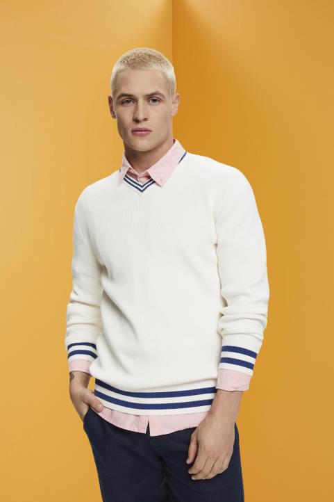 miehet Esprit luonnonvalkoinen V-pääntie kestävä puuvillapusero neuleet 82T6725