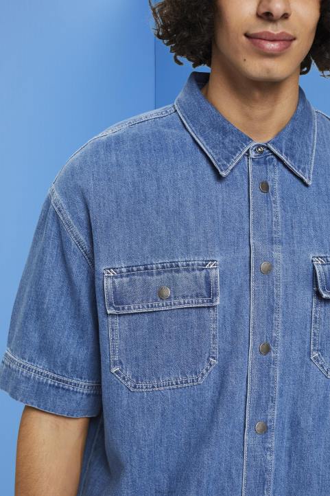 miehet Esprit sininen keskipesu boxy denim lyhythihainen paita paidat 82T6670