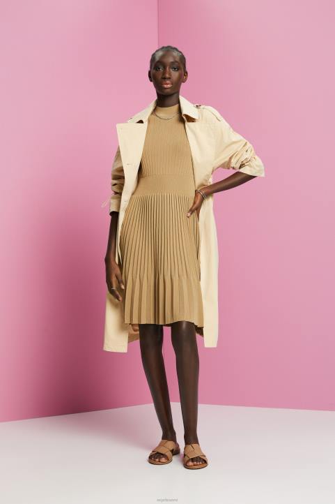 naiset Esprit khaki beige laskostettu midi-mekko, jossa lyhyet hihat mekot 82T6119