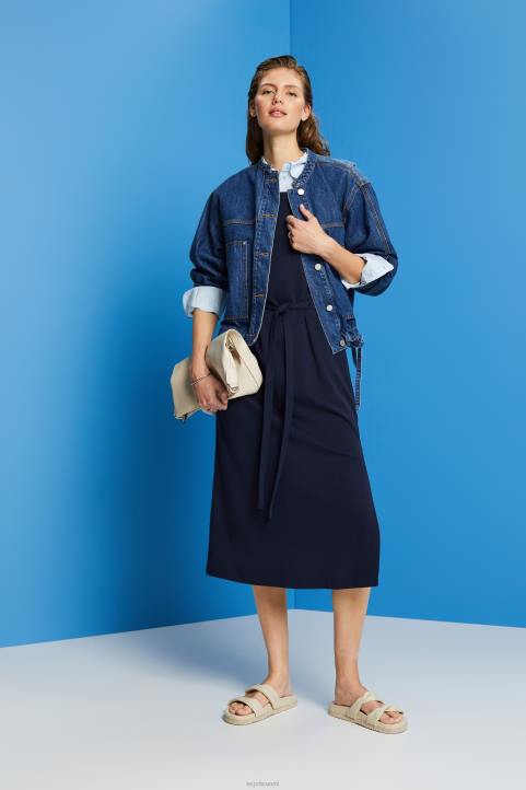 naiset Esprit laivasto jersey midi-mekko, jossa solmittava vyö mekot 82T663