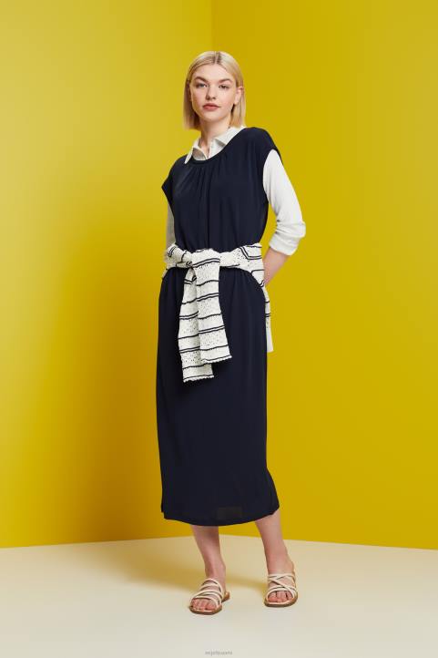 naiset Esprit laivasto kiristysnyörillä crepe midi mekko mekot 82T651