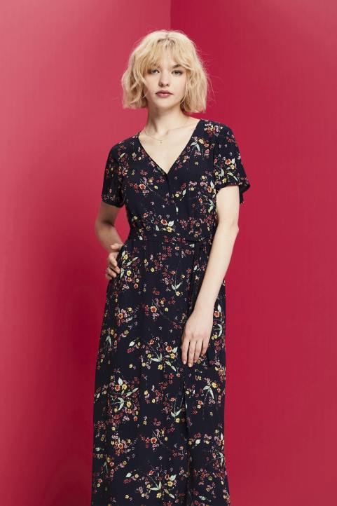 naiset Esprit tummansininen painettu midimekko, jossa solmittava vyö mekot 82T6189