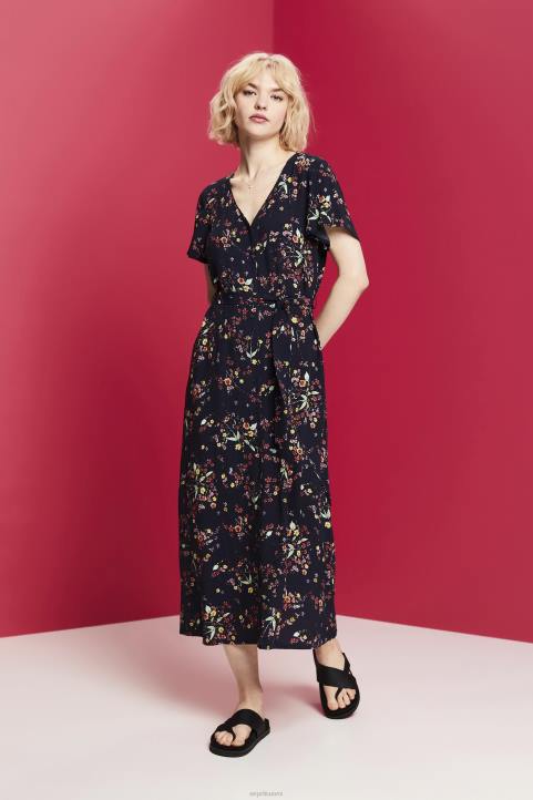 naiset Esprit tummansininen painettu midimekko, jossa solmittava vyö mekot 82T6189