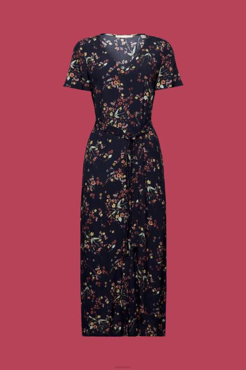 naiset Esprit tummansininen painettu midimekko, jossa solmittava vyö mekot 82T6189