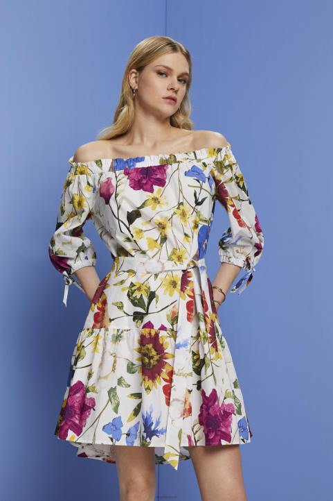 naiset Esprit valkoinen kuvioitu off-shoulder popliini-minimekko mekot 82T6178