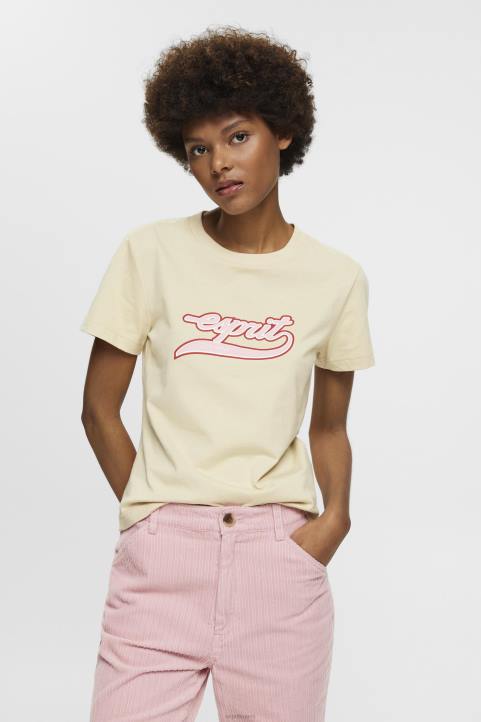 naiset Esprit beige puuvillainen t-paita, jossa painettu logo t-paitoja 82T6143
