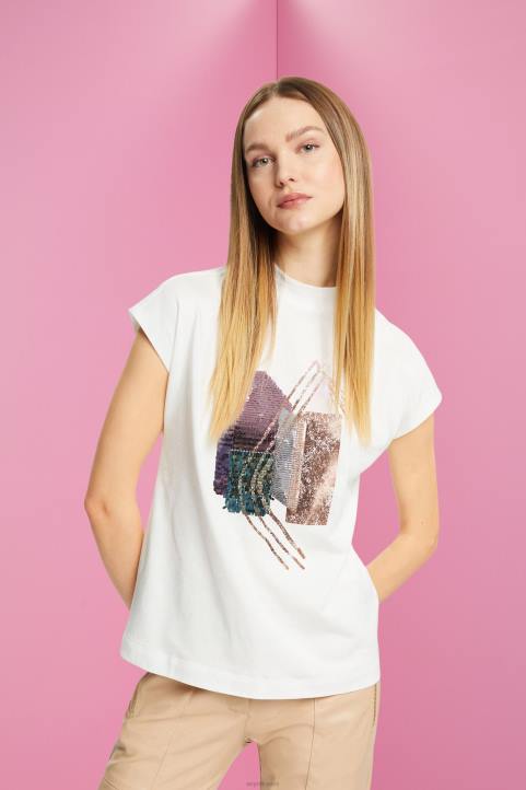 naiset Esprit luonnonvalkoinen paljeteilla applikoitu t-paita, tencel t-paitoja 82T6399