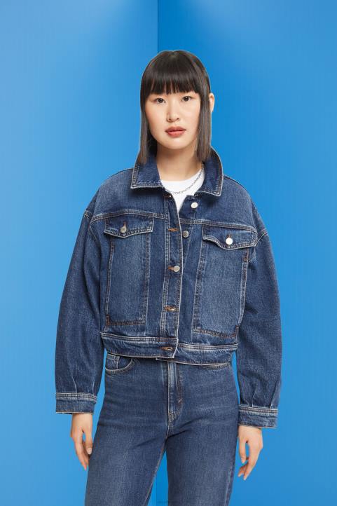 naiset Esprit sininen keskipesu lyhennetty farkkutakki takit 82T6550