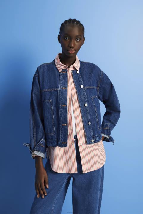 naiset Esprit sininen tumma pesu kaulukseton farkkutakki kiristysnyörillä takit 82T6298