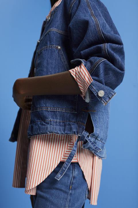 naiset Esprit sininen tumma pesu kaulukseton farkkutakki kiristysnyörillä takit 82T6298