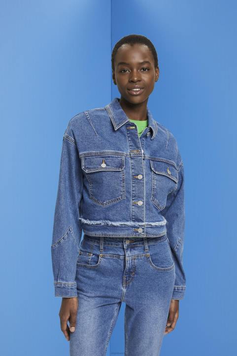 naiset Esprit sininen tumma pesu lyhennetty farkkutakki kuluneella reunuksella takit 82T6311