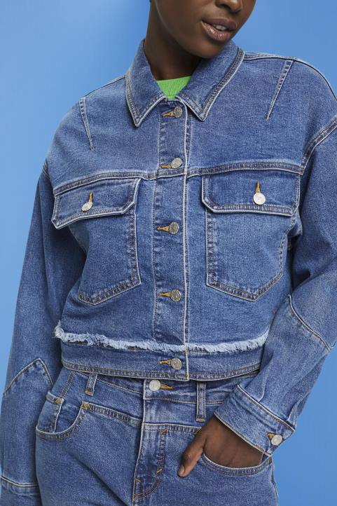 naiset Esprit sininen tumma pesu lyhennetty farkkutakki kuluneella reunuksella takit 82T6311