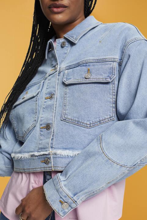 naiset Esprit sininen valo pesu lyhennetty farkkutakki kuluneella reunuksella takit 82T6312